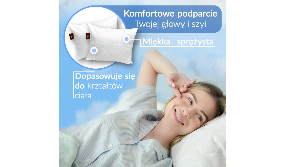 Poduszka EKO wykonana jest z kulki silikonowej. Dostępna w rozmiarach 50x60 cm i 70x80 cm